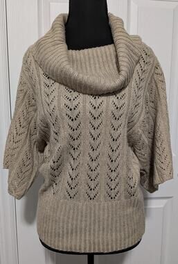 Forever 21 Pointelle Knit Cowl Neck Sweater Short Sleeve Tan Beige Small S